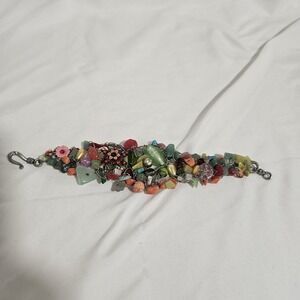 Handcrafted Multicolor Glass Stone Beaded Chip Charm Bracelet Nature 7.5"
